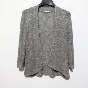 Eileen Fisher PS Gray Metallic Linen Blend Open Front Knit Cardigan Sweater